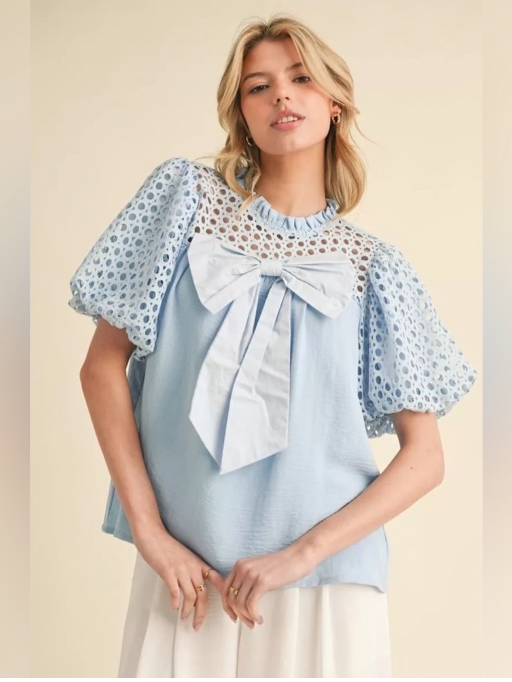 Light Blue Eyelet Puff Sleeve Bow Top